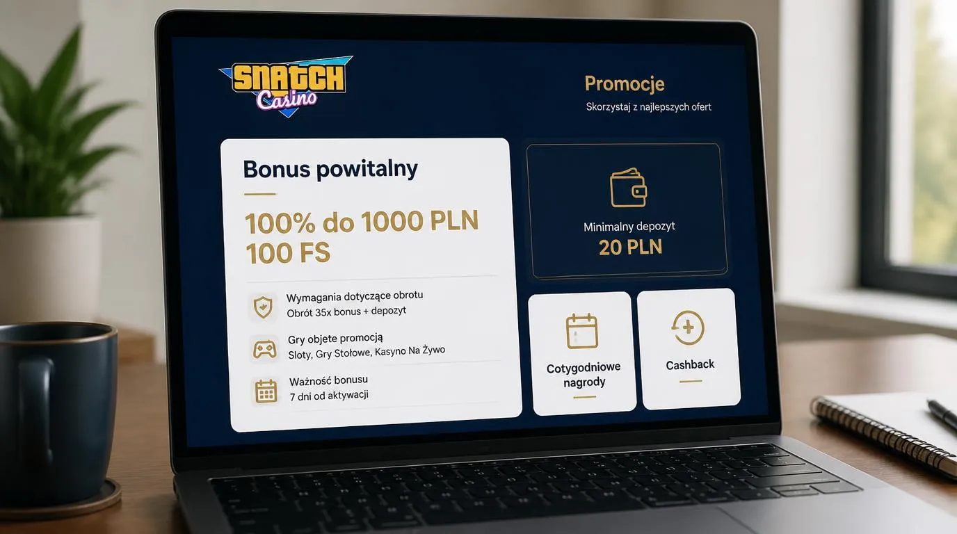 Panel oferty powitalnej z bonusem 100% do 1000 PLN, 100 darmowymi spinami i minimalnym depozytem 20 PLN