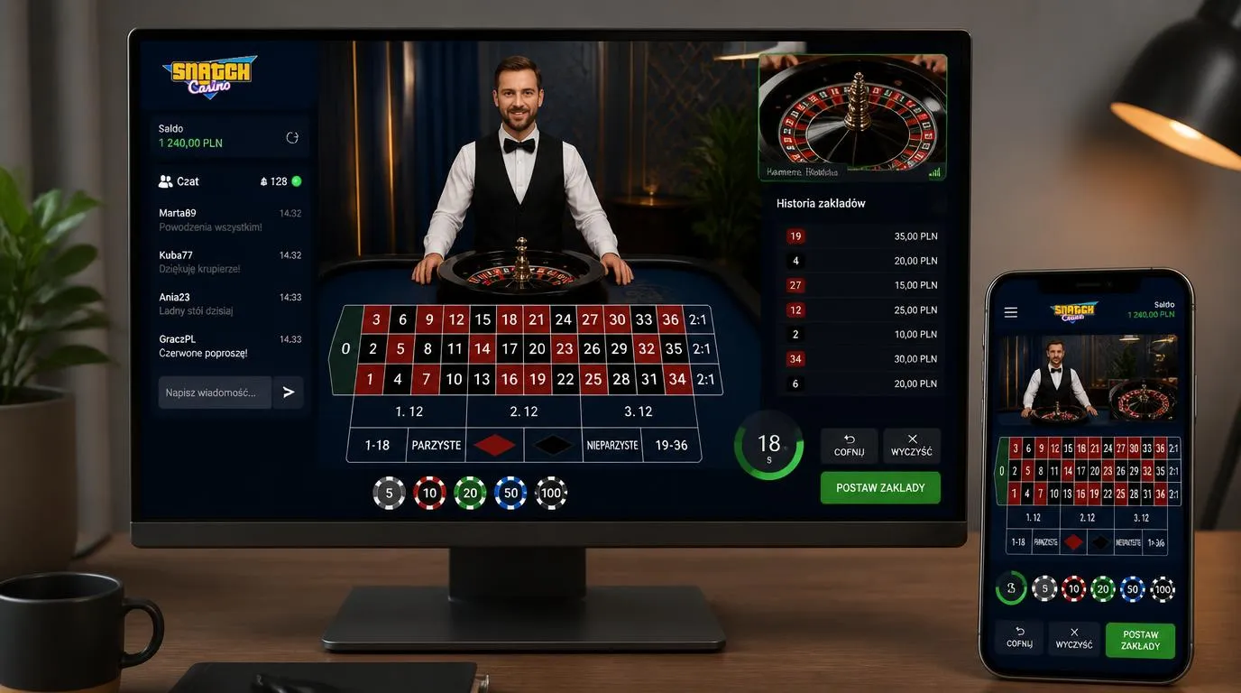 Interfejs kasyna live z krupierem, czatem, historią zakładów i zbliżeniem koła ruletki