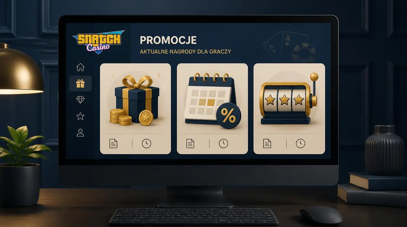 Panel promocji kasynowych z kalendarzem tygodniowym, symbolem bonusu i ikoną darmowych spinów