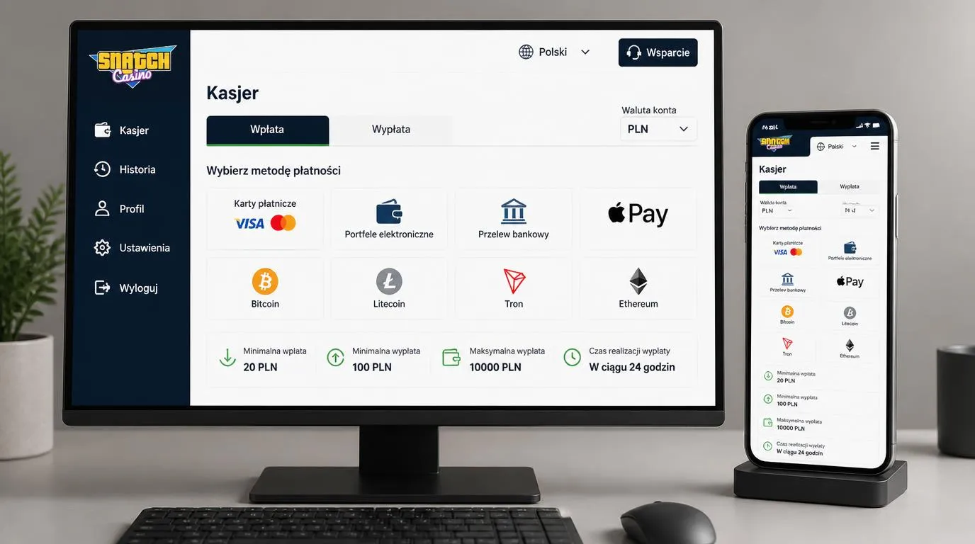 Panel kasy w języku polskim z kontem PLN, metodami płatności oraz limitami wpłat i wypłat