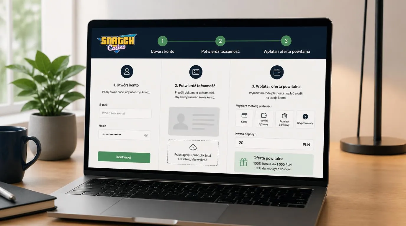 Panel rejestracji, weryfikacji tożsamości i wpłaty do kasyna online na ekranie laptopa