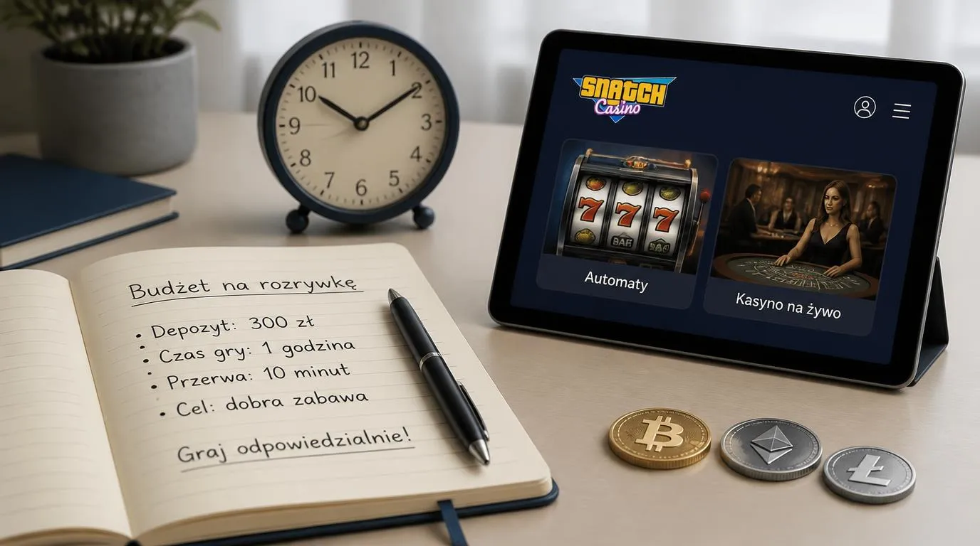 Notatnik z budżetem rozrywkowym obok zegara i tabletu z symbolami slotów oraz stołu z krupierem